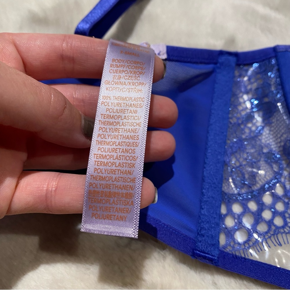 (XS) Savage x Fenty Lace & Vinyl Bustier Bra Extra Small Clear Metallic Blue - Picture 10 of 14